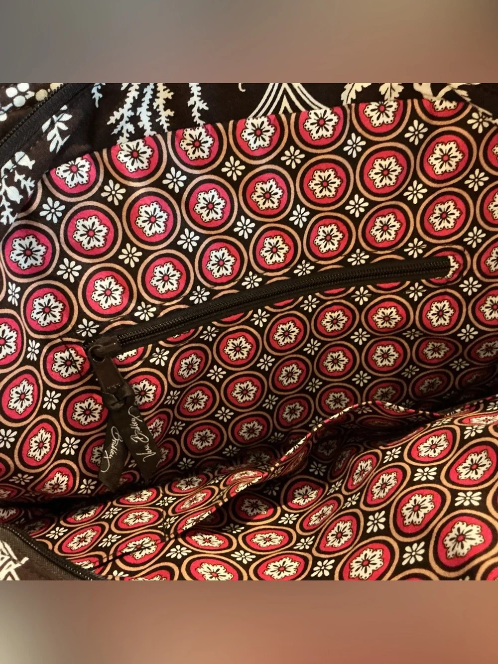 Vera Bradley Imperial Toile Brown Pink Quilted Satchel Shoulder Bag Zip Tote